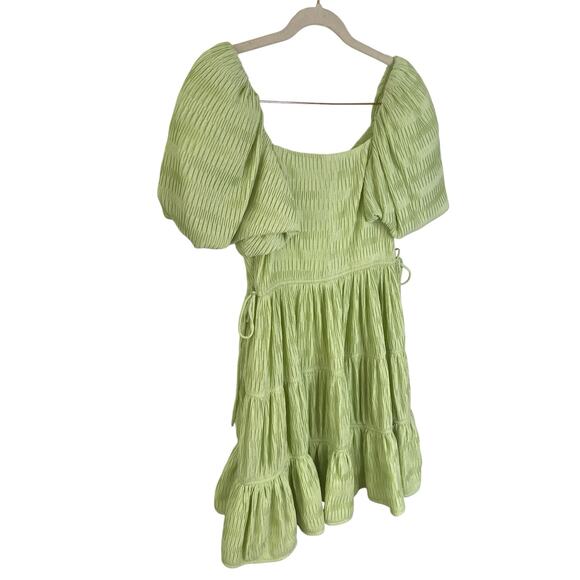 Jonathan Simkhai Cadence Plisse Dress Puff Sleeve Tiered Coastal Prairie Sz 2 - Picture 10 of 11